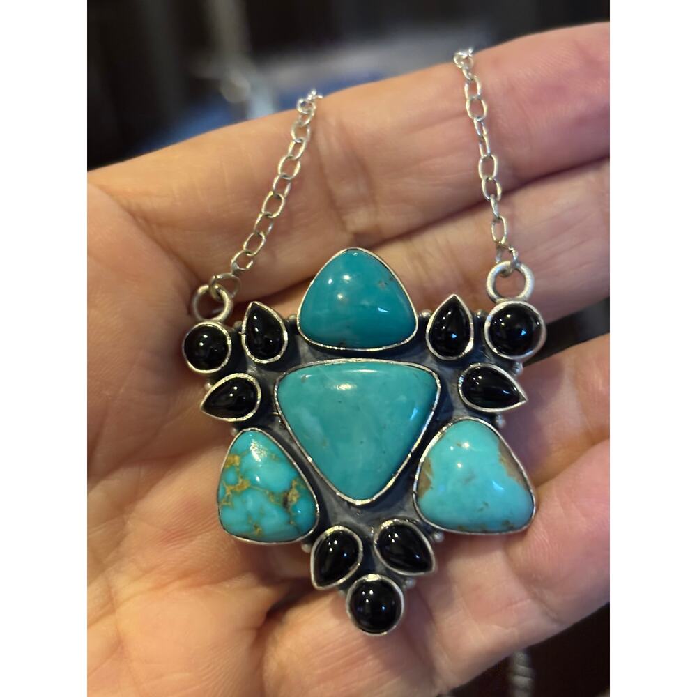 Kingman Turquoise Black Onyx Necklace 925 necklace 21"